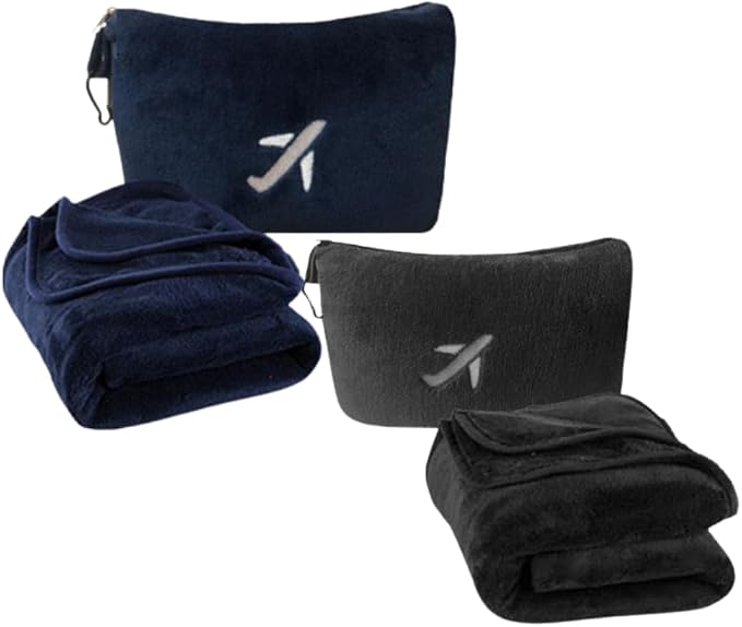 BlueHills Soft Travel Blankets Mini Value Pack Set of 2 - Premium Airplane Travel Essential Flight Blanket Throw in a case with Strap Compact for Car Plane Travel Gift – Black and Navy Blue by BlueHills