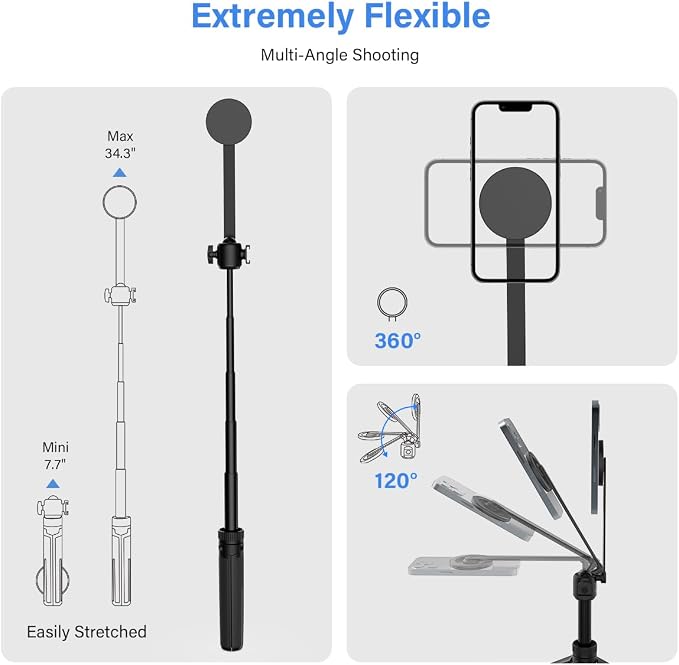 35" Magnetic Selfie Stick Phone Tripod, Extendable Phone Tripod with Cold Shoe and Remote,Compatible with iPhone/Android/Sport Camera Perfect for Video Recording/Selfies/Insta360 x5（Black） - Image 3