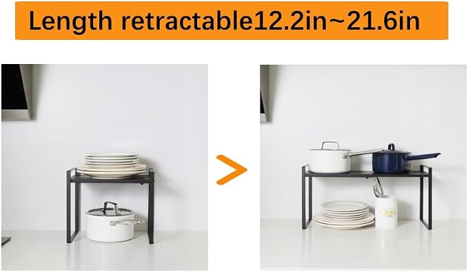 2 Pack Expandable Cabinet Shelf Organizer Riser for Kitchen Pantry Cupboard Under Sink Countertop (2 pack 8.2’’D * 12.2-21.6’’W * 10.4’’H) (Black) - Image 4