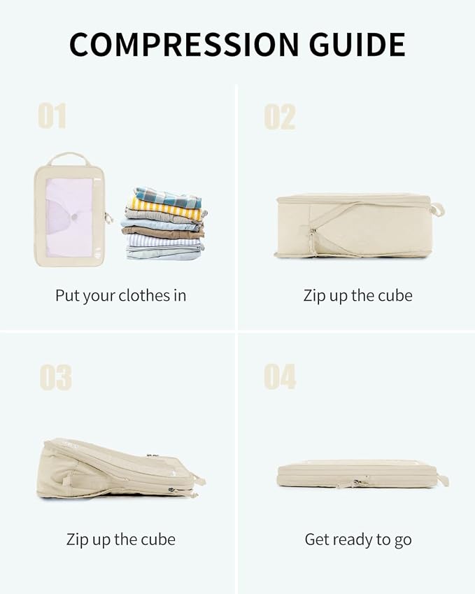 ECOHUB 5 Set Compression Packing Cubes for Suitcases Organiser Bags Set Travel Essentials with Shoe Bag for Traveling Tear-resistant Travel Accessories with ID Tag Expandable Packing Bags(Beige) - Image 2