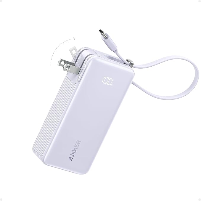 Anker Nano 3-in-1 Portable Charger,10,000mAh 30W Travel Power Bank | Battery Pack with Built-In USB-C Cable and Foldable Wall Plug, for iPhone 17 / 16 / 15 Series (Violet) by Unknown