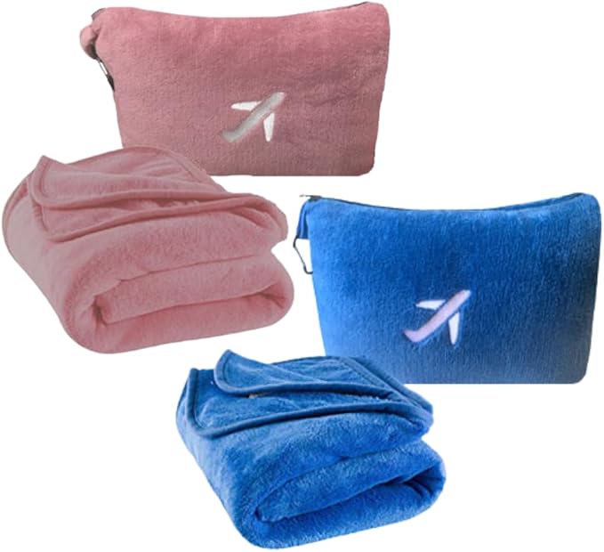 BlueHills Soft Travel Blankets Mini Value Pack Set of 2 - Premium Airplane Travel Essential Flight Blanket Throw in a case with Strap Compact for Car Plane Travel Gift – Pink and Royal Blue. by BlueHills