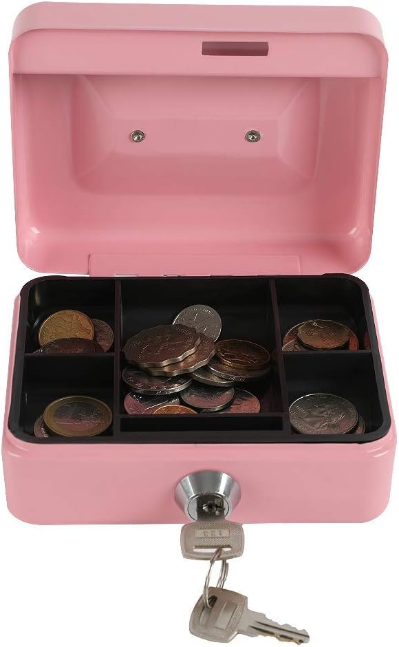 xydled Locking Steel Mini Cash Box with Removable Coin Tray and Key Lock for Kids, 4.92" x 3.74" x 2.36",Pink | Steel Cash Box with Key Lock, Removable Tray & Carry Handle, for Office, Retail, Home, and Money Storage, 4.9" x 3.7" x 2.4" - Image 8