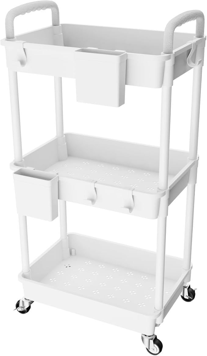 3 Tier Rolling Utility Cart with Handle,REBECAT Utility Cart Made of Multifunctional Storage Organizer Tool for Kitchen,Bathroom,Living Room,Office(White) by REBECAT