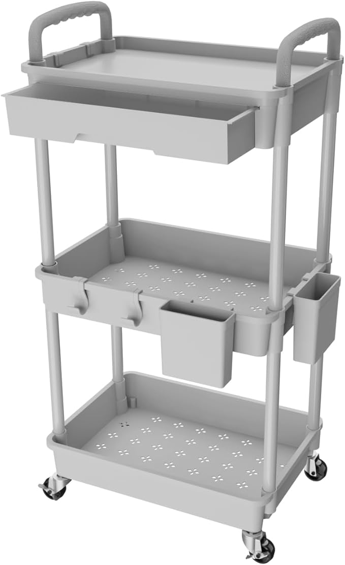 3 Tier Rolling Utility Cart with Drawer,REBECAT Utility Cart Made of Multifunctional Storage Organizer Tool for Kitchen,Bathroom,Living Room,Office(Gray) by REBECAT