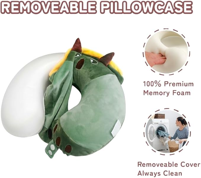 Memory Foam Travel Neck Pillow for Teens and Adults, Dinosaur Design | Removable cover, machine washable, 360-degree head & chin support, 17 in neck size for teens and adults, car & airplane use - Image 3
