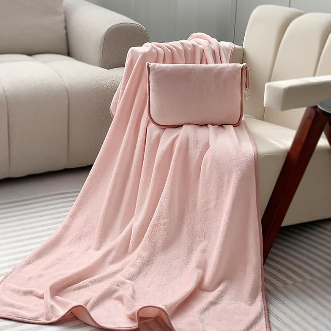 ShezPretty Premium 2in1 Soft Travel Blanket Pillow with Airline Hand Luggage Sleeve and Backpack Clip Airplane (Light Pink) - Image 5