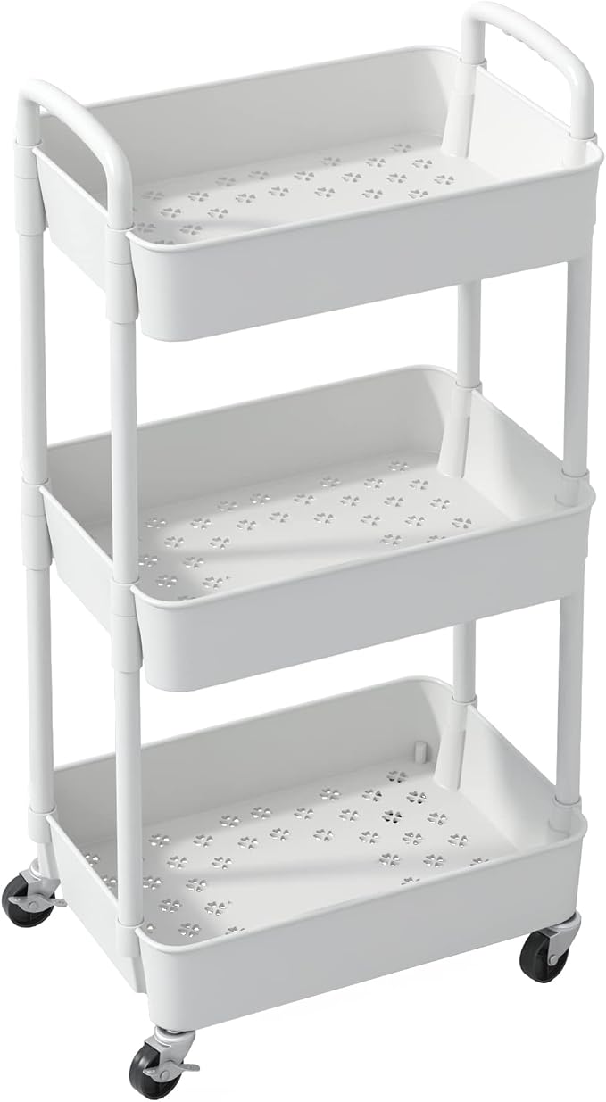 Sywhitta 3-Tier Plastic Rolling Utility Cart with Wheels for Storage,White | Multi-Functional Storage Trolley, for Office, Living Room, Kitchen, Bathroom,Movable Organizer,Space-Saving,Easy to assemble - Image 8