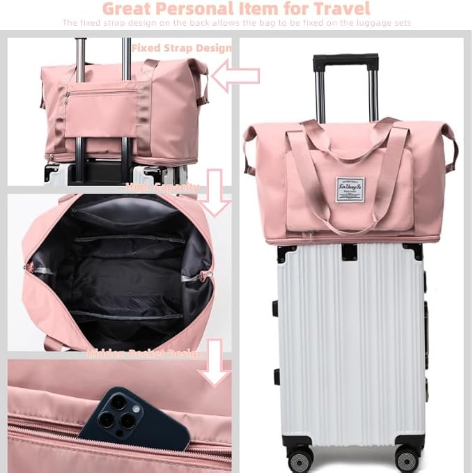 Large Capacity Foldable Travel Bag, Expandable lightweight Carry on Bag, Dry with Wet Separation Spor Duffel Bags (Sweet Powder) - Image 3