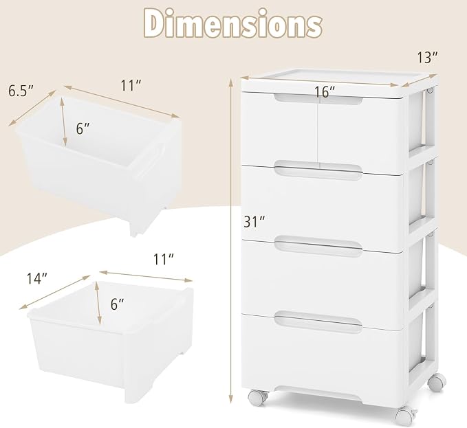 Plastic Storage Drawer Cart, Mobile Utility Cart, Home Craft Organizer with 5 Drawers & Lockable Wheels, Slim Rolling Storage Cart for Living Room, Bathroom, Dorm & Office (16”L x 13”W x 31”H) | Lockable wheels, robust PP build, slim space-saving profi... - Image 3