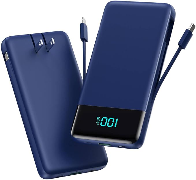 Portable Charger for iPhone,13800mAh Slim Power Bank with Built-in Cables & AC Wall Plug,All in One 4 Outputs USB C Fast Charging Battery Pack Travel Essential for iPhone 17/16/15/14,Android (Blue) by AONIMI