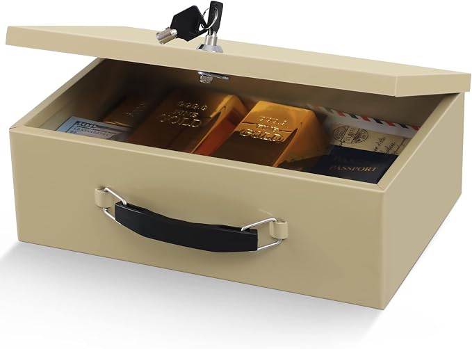 xydled Fireproof Document Box with Key Lock, Fire Safe Box, Sand | Fire and water resistant lock box for documents, passports, cash and valuables, keeping secure at home, 12.8 x 8.5 x 4.5 Inch by xydled