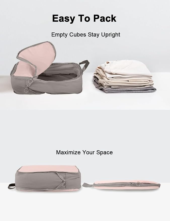 4 Set Compression Packing Cubes, Expandable Travel Organizer Bags, Water-Repellent Nylon, Space-Saving Luggage Set for Suitcase, Carry-on, Home Storage (4, Pink, Compress) - Image 5