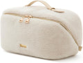 EACHY Travel Makeup Bag for Women, Faux Fur Cosmetic Bag, Beige, Medium | Faux fur bag with flat-open access, inner storage and clear TPU brush pocket for makeup, toiletries and travel essentials by EACHY