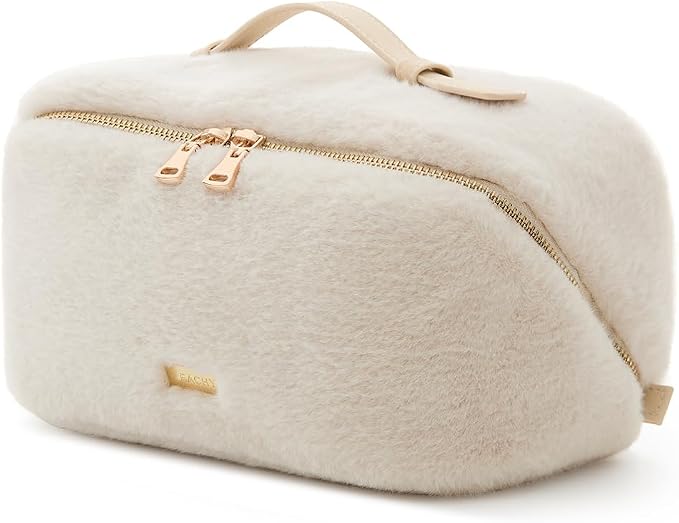 EACHY Travel Makeup Bag for Women, Faux Fur Cosmetic Bag, Beige, Medium | Faux fur bag with flat-open access, inner storage and clear TPU brush pocket for makeup, toiletries and travel essentials by EACHY