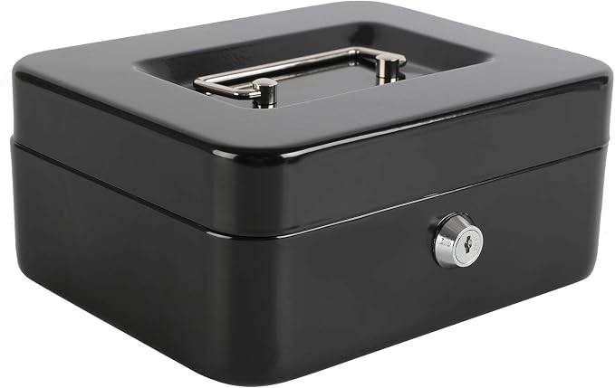 xydled Medium Cash Box with Lock, Removable Coin Tray, Steel Money Box, Black - Image 9