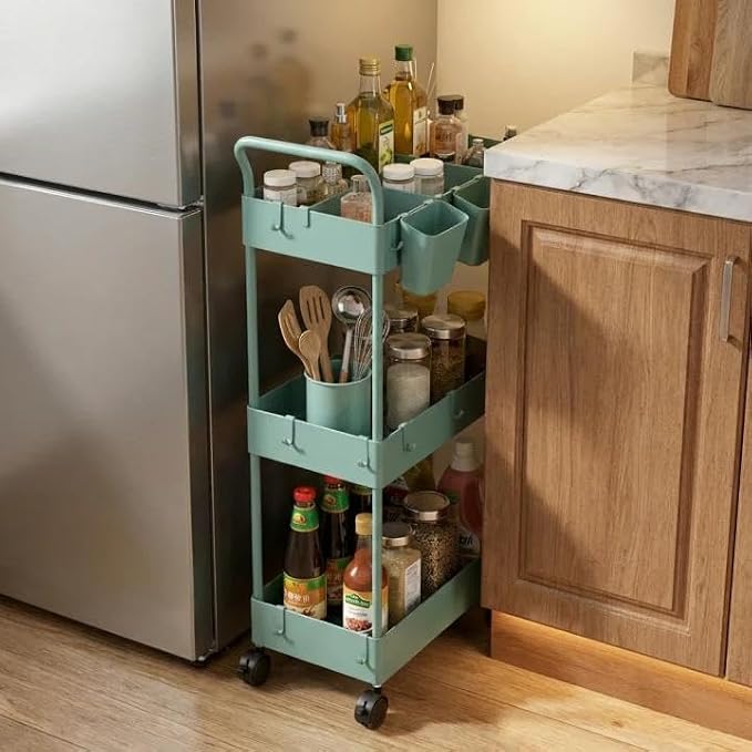 danpinera Storage Cart on Wheels, 3 Tier Bathroom Cart Organizer Slim Laundry Narrow Shelf with Wheels Dividers Hanging Cups Hooks Handle Easy Assembly, Green - Image 4
