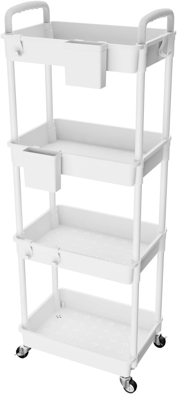 4 Tier Rolling Utility Cart with Handle,REBECAT Utility Cart Made of Multifunctional Storage Organizer Tool for Kitchen,Bathroom,Living Room,Office(White) by REBECAT
