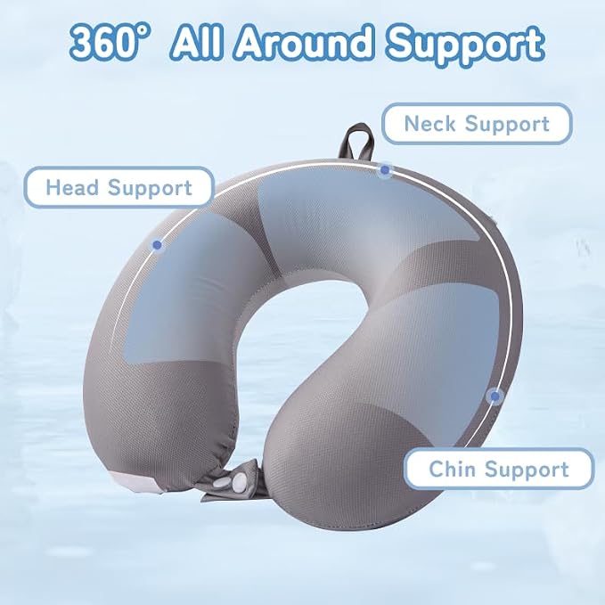 Cooling Travel Neck Pillow, Cool to Touch Memory Foam, Grey | Removable cover, machine washable, 360 degree chin support, slow rebound foam, airplane and car rides, hanging portability - Image 4