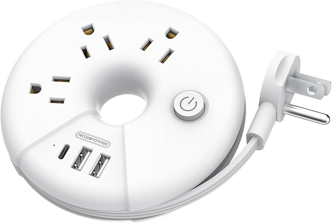 Travel Power Strip, NTONPOWER 3 Outlets 3 USB(1 USB C) Cruise Approved Power Strip, Short Extension Cord 3ft, Travel Essentials for Home, Hotels, Cruise Ship, Vacation, White, i-Donut by NTONPOWER