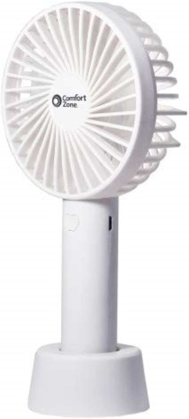 Comfort Zone Personal Handheld Rechargeable Fan, 4 inch, 3 Speed, Lithium Ion Battery, Micro USB Cable, Powerful, Mini Hand Fan, Ideal for Home, Bedroom & Office, CZPF402WT by ComfortZone