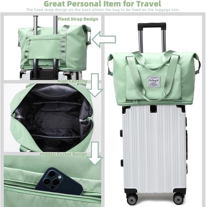 Large Capacity Foldable Travel Bag, Expandable lightweight Carry on Bag, Dry with Wet Separation Spor Duffel Bags (Light Green) - Image 3