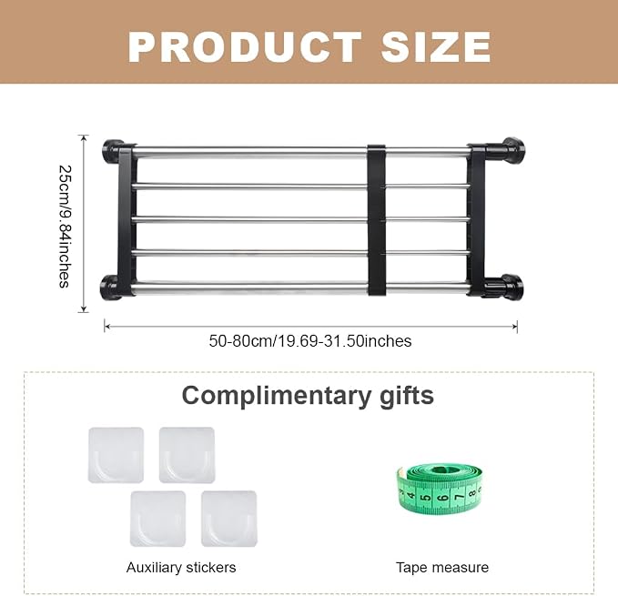 Expandable Closet Tension Shelf Rod Tension Shelves for Closet | Metal Storage Rack Cabinet Organizer DIY Divider Separator Shelves for Wardrobe Cupboard Kitchen Bathroom, Black 19.69-31.5IN - Image 2