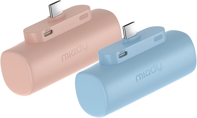 Miady 2-Pack Mini Portable Charger Built-in USB C Connector Small PowerBank | 5000mAh丨Lightweight丨for Backpack Travel丨Compatible with iPhone 17 Galaxy Android丨Ultra-Compact丨Flight-Safe丨18Wh丨Blue+Pink by Miady