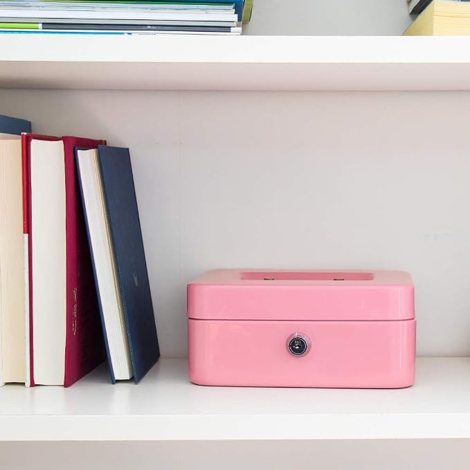 Kyodoled Medium Cash Box with Money Tray,Small Safe Lock Box with Key, Drawer,7.87"x 6.30"x 3.54" Pink - Image 7