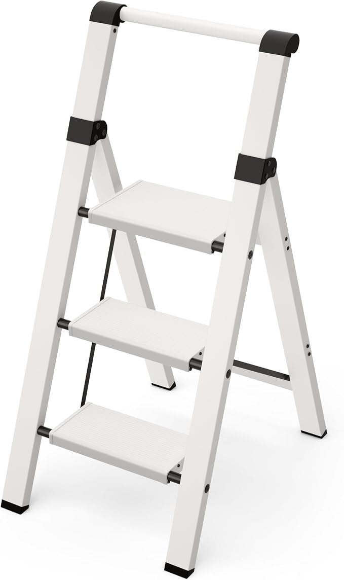 Taranta 3 Step Ladder,Lightweight Aluminum Step Stool Foldable -White | Folding Ladder with Handgrip,Wide Top Pedal,330lbs Capacity for Home,Office,Kitchen by TARANTA