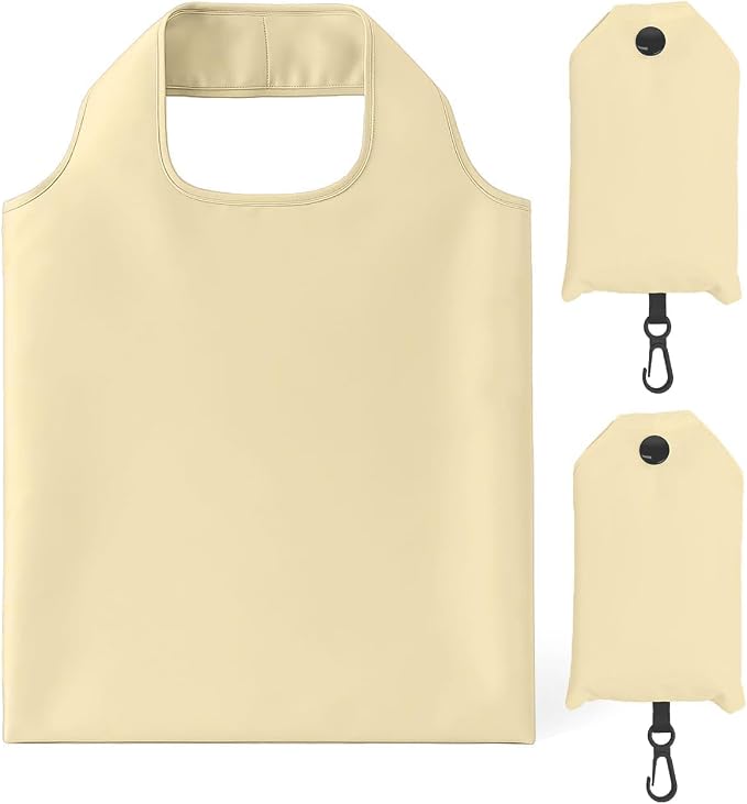 2 Pack Foldable Shopping Bag, Reusable Grocery Tote Bag, Beige | Waterproof Nylon, 35 Pounds Weight Capacity, Pocket Size Carrier by Unknown