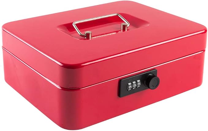 KYODOLED Large Cash Box with Combination Lock Safe Metal Money Box with Money Tray for Security Lock Box 9.84"x 7.87"x 3.54" Red Large by KYODOLED