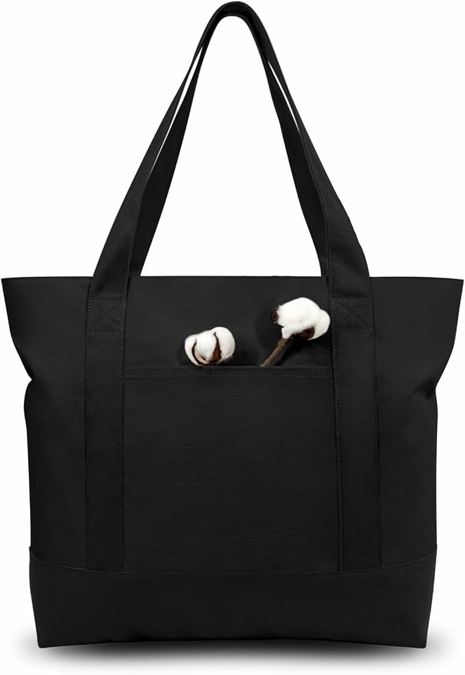 TOPDesign 6-Pack Canvas Tote Bags with an External Pocket, Reusable Grocery Shopping Bags, Top Zipper Closure, Daily Essentials (Black) by TOPDesign