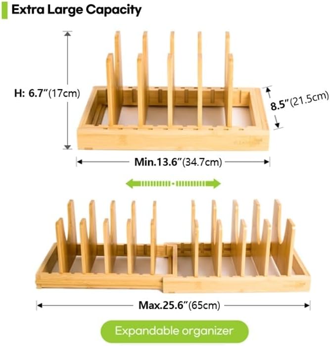 Pots and Pans Organizer under Cabinet Expandable Bamboo Pot Lid Holder Rack | Adjustable bakeware organizer, cutting board organizer, cookie sheet, baking pan, tray organizer for kitchen cabinet storage - Image 2