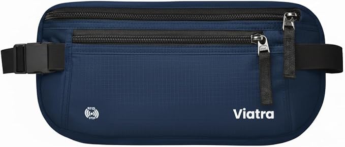 Travel Money Belt with RFID Blocking, Hidden Waist Pack for Passport, Cards, and Cash, Black (Blue) by Unknown