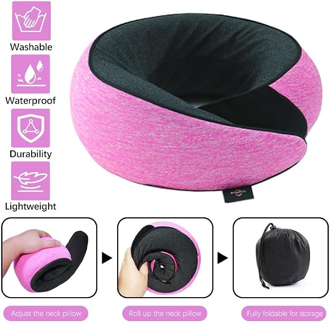 Travel Neck Pillow | Memory Foam Neck Pillow, New Portable U-Shaped Pillow with Neck Support, Washable Cover, Compact for Plane, Office, Bus, Train, Sofa, Nap–Includes Storage Bag - Pink - Image 2