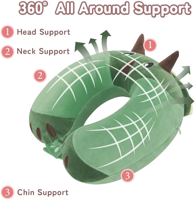 Memory Foam Travel Neck Pillow for Teens and Adults, Dinosaur Design | Removable cover, machine washable, 360-degree head & chin support, 17 in neck size for teens and adults, car & airplane use - Image 4
