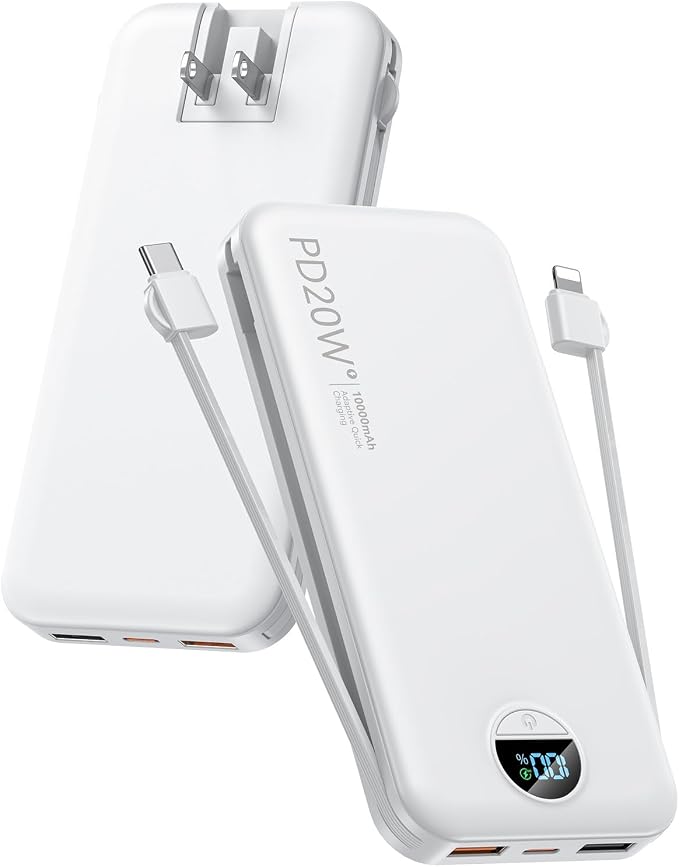 citicr Portable Charger 10000mAh PD20W w/Built-in Cables & Wall Plug White | Fast charging, Built-in wall plug, LED display, Charge 5 devices at once, Pass through charging, TSA approved, Pocket size by CITICR