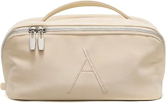 EACHY Travel Makeup Bag for Women, Personalized Initial A Cosmetic Bag | Personalized flat-open organizer with inner pockets, clear TPU brush pocket and reinforced handle for makeup and travel by EACHY