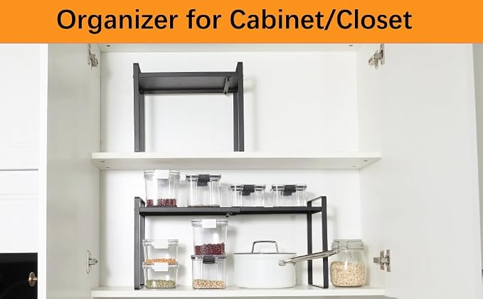 2 Pack Expandable Cabinet Shelf Organizer Riser for Kitchen Pantry Cupboard Under Sink Countertop (2 pack 8.2’’D * 12.2-21.6’’W * 10.4’’H) (Black) - Image 3