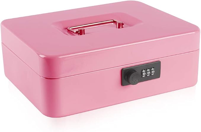 Kyodoled Large Cash Box with Combination Lock,Safe Metal Money Box with Money Tray for Security Lock Box 9.84"x 7.87"x 3.54" Pink Large by KYODOLED