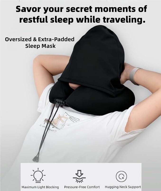 Travel Neck Pillow with Extra Large Hood Rollable Airplane Hooded Neck Pillow with Memory Foam Filling and Removable, Skin-Friendly Cover with Carrying Case & Pouch (Velvet) - Image 3