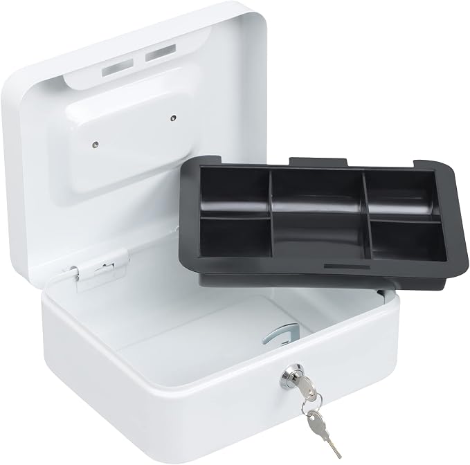 xydled Medium Cash Box with Lock, Removable Coin Tray, Steel Money Box, White - Image 3