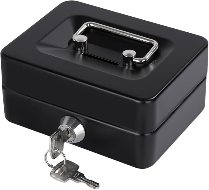 Mini Cash Box with Slot Small Cash Box with Money Tray and Key Lock, Metal Lock Box for Casino Gamblers 4.9" x 3.7" x 2.4" Black by Geohiaul