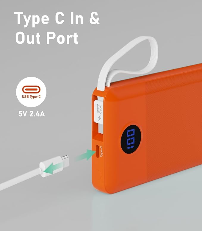Portable Charger with Built in Cables, Slim 10000mAh Power Bank, USB C Battery Pack Travel, 4 Output 2 Input External Charging Bank for iPhone 17/16/15/14/13,Samsung, Android, etc-Orange(1 Pack) - Image 5