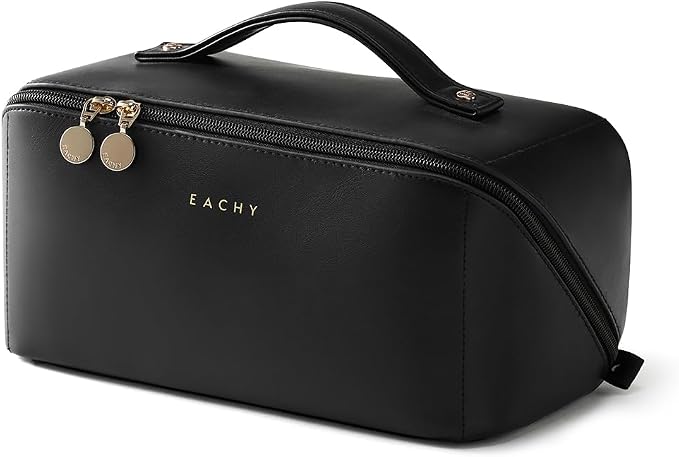 EACHY Travel Makeup Bag for Women, PU Leather Cosmetic Bag, Black, Large | Water-resistant PU leather exterior with flat-open access, clear TPU brush compartment and organized storage for cosmetics by EACHY