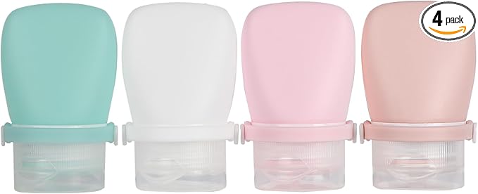 1oz Silicone Travel Bottles for Toiletries (4-Pack), TSA Approved Leakproof Toiletry Bottles with Locking Lid, Refillable Travel Size Containers for Shampoo, Body Wash, Camping & Trips (WH,GN,PNK) by Unknown