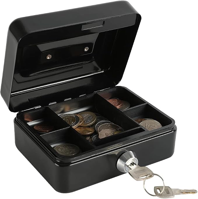 xydled Mini Cash Box with Lock, Removable Coin Tray, Steel Money Box, Black | Steel Cash Box with Key Lock, Removable Tray & Carry Handle, for Office, Retail, Home, and Money Storage, 4.9" x 3.7" x 2.4" - Image 8