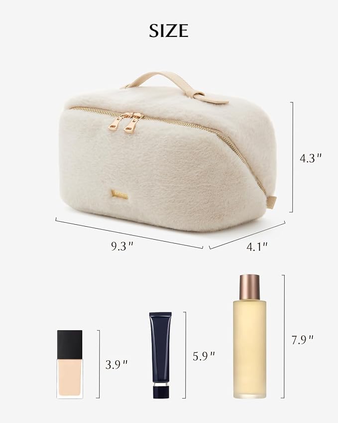 EACHY Travel Makeup Bag for Women, Faux Fur Cosmetic Bag, Beige, Medium | Faux fur bag with flat-open access, inner storage and clear TPU brush pocket for makeup, toiletries and travel essentials - Image 6