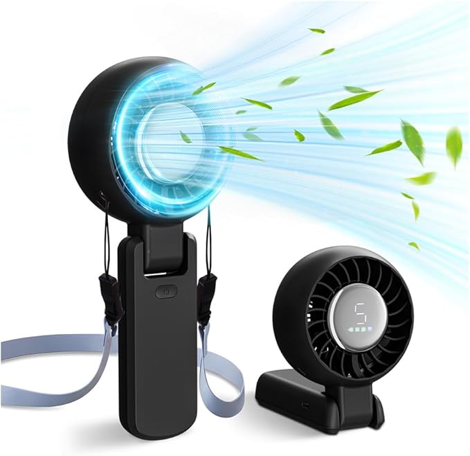 ZOZOO Portable Fan, USB Rechargeable 194°Folding Handheld Fan,5 Speed&LED Display &High Power Motor Table Fan, 3 IN 1 Quiet Strong personal Neck fans for Travel,Camping,Beach (Black) by ZOZOO